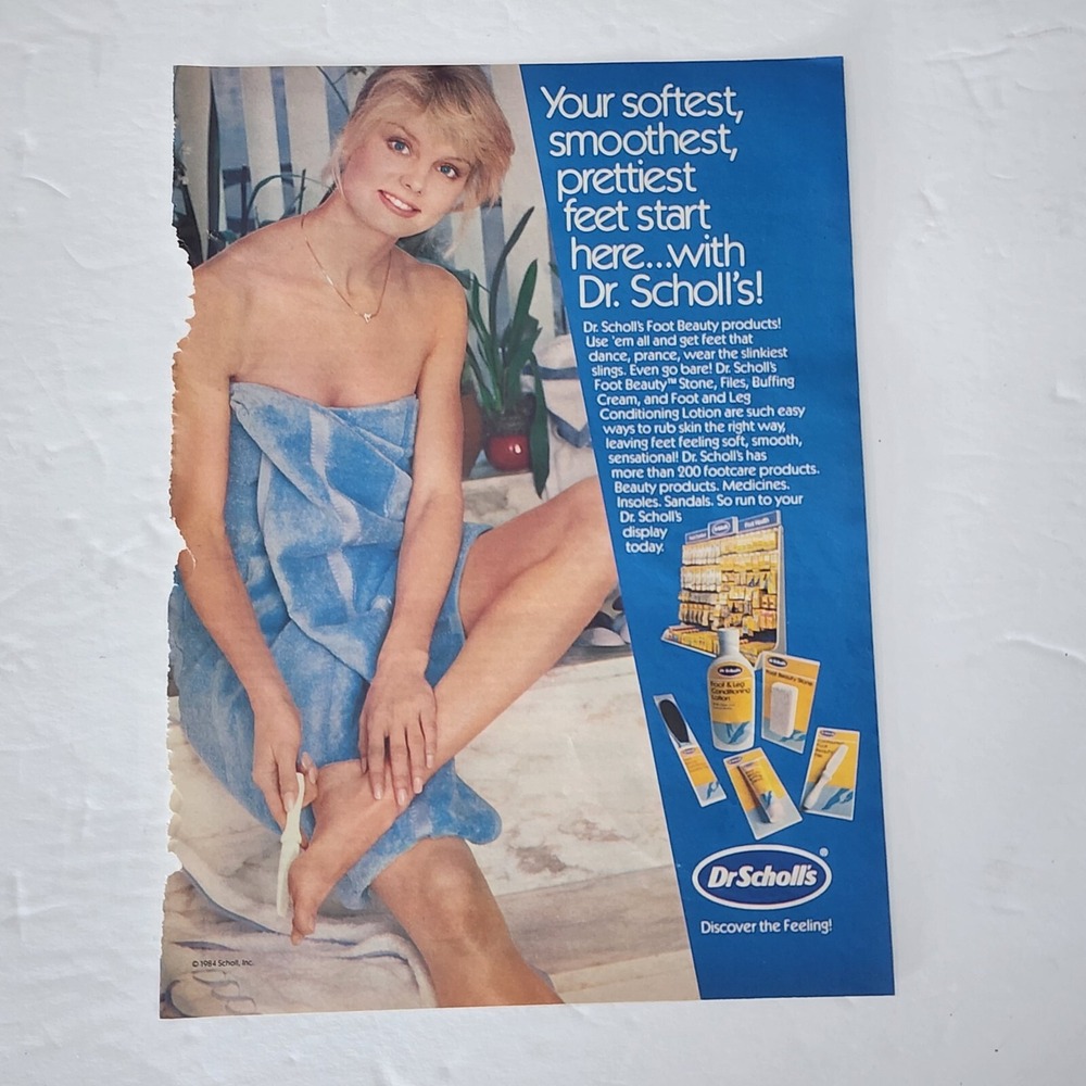 Vintage 1984 Dr. Scholl's Print Ad Blonde Model Bath Towel Foot Care Clipping